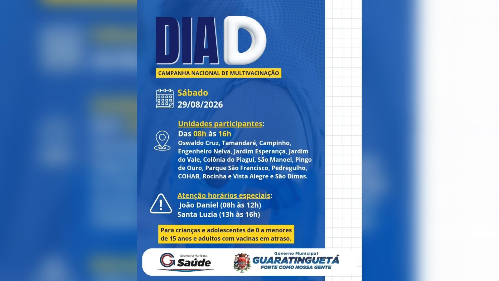 Dia D de Vacinação será realizado neste sábado (29) em Guaratinguetá