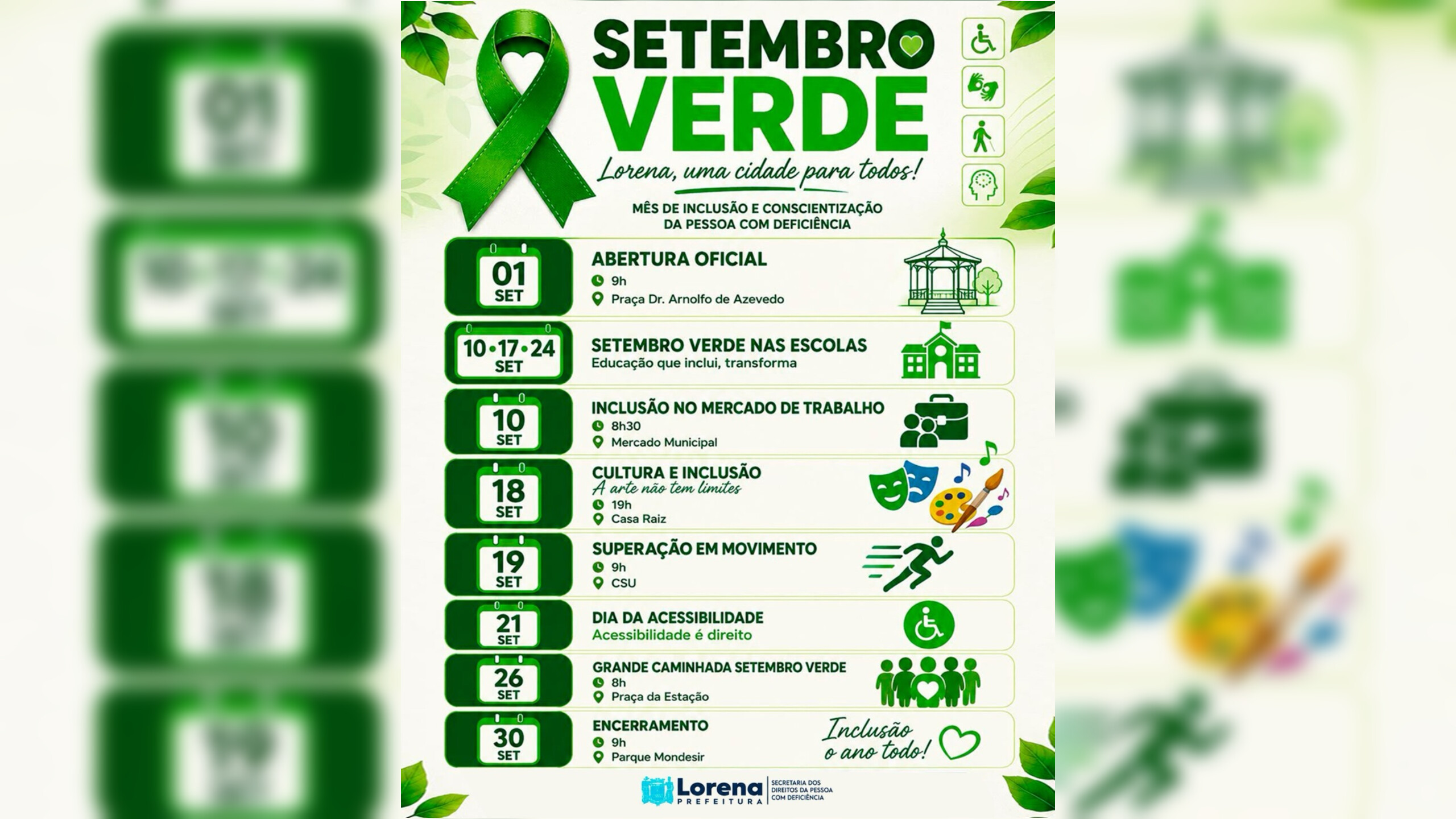 Setembro Verde 2026: Lorena promove programação de conscientização e inclusão