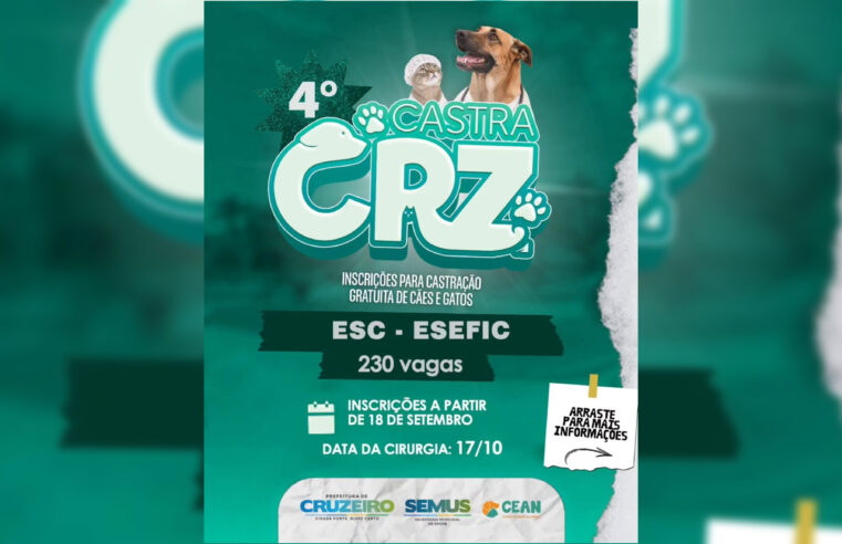 Cruzeiro abre inscrições para quarta etapa de mutirão de castrações com 230 vagas&nbsp;