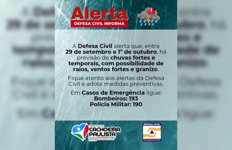 Defesa Civil alerta para chuvas fortes e temporais em Cachoeira Paulista