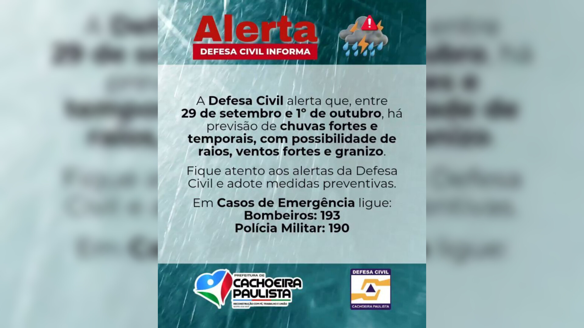Defesa Civil alerta para chuvas fortes e temporais em Cachoeira Paulista