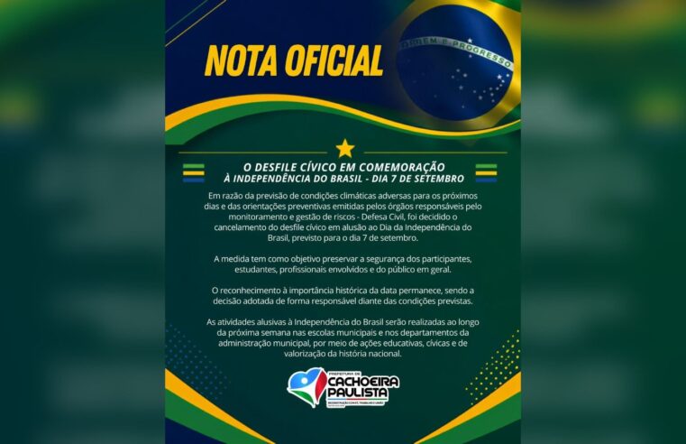 Cachoeira Paulista cancela desfile cívico de 7 de Setembro devido à previsão de mau tempo