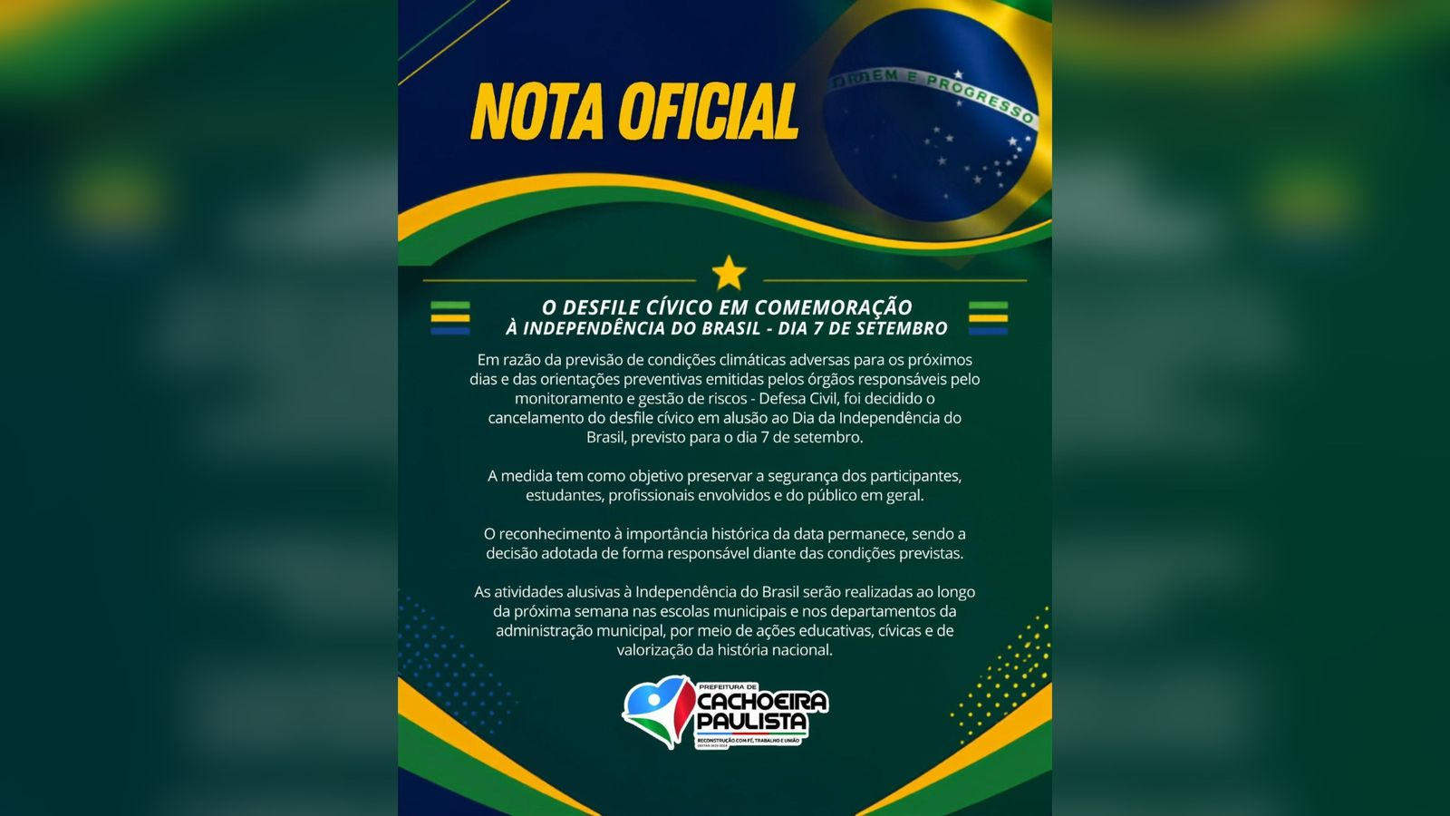 Cachoeira Paulista cancela desfile cívico de 7 de Setembro devido à previsão de mau tempo