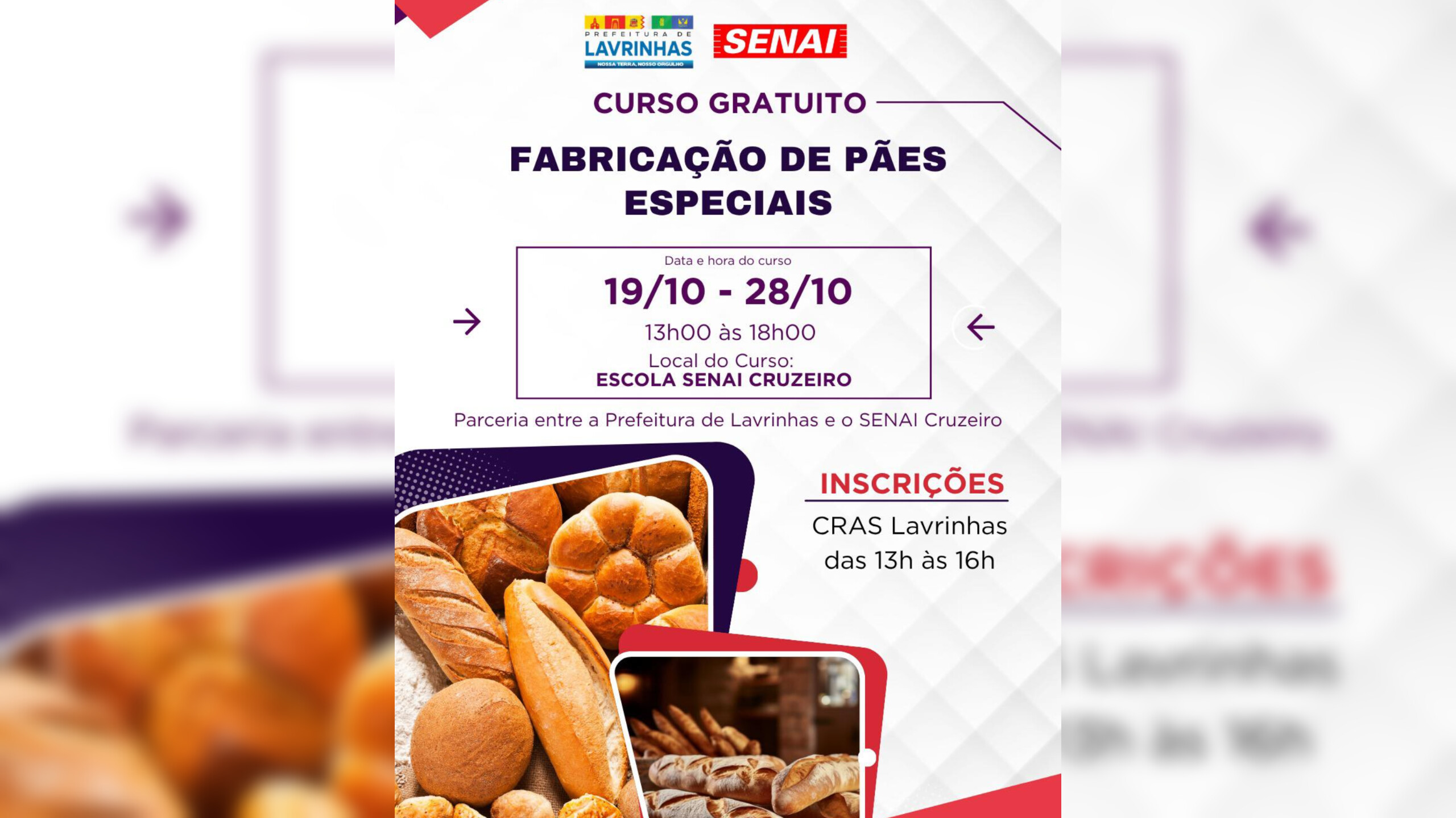 Prefeitura de Lavrinhas e SENAI oferecem curso gratuito de Fabricação de Pães Especiais
